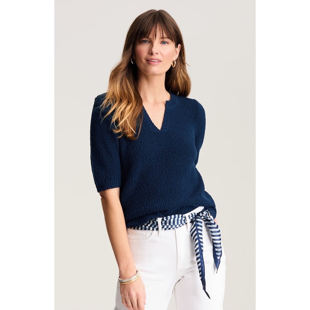 J.Jill Navy Blue 100% Cotton Short Sleeve Split Neck Sweater Top